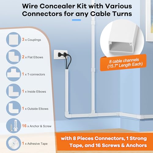 126in Cord Hider Kit (8 x L15.7in), ZhiYo Wire Hiders for TV on Wall, Paintable Cable Management Kit, Wire Cover for Wall Mount TV, Grey Cable Raceway, Cord Cover Wall Wire Management, W1.18in H0.67in - color: Grey, size: W1.18in X H0.67in X L126in