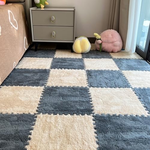 12Pcs Plush Foam Floor Mat,Plush Interlocking Carpet Tiles,Anti-Slip Square Puzzle Floor Mat,EVA Foam Area Rugs for Bedroom Playroom (Grey + Beige) - color: Grey + Beige