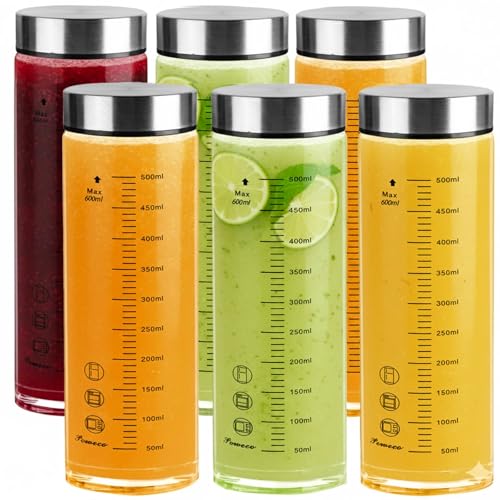 Glass Juice Bottles 6 Pack 20 oz - Wide Mouth Glass Water Bottles with Lids - for Juicing, Protein, Smoothie, Milk, Reusable, BPA Free, Stainless Steel Lids, Blender, Shaker Bottle (600ml) - color: 6-Pack (ml), size: 20oz/600ml