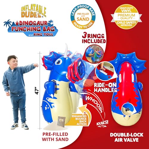 INFLATABLE DUDES Dinosaurs -Kids Punching Bag | Sand-Base | Bop Bag, Pre-filled with Sand, Inflatable Toy, Punching Bag for Kids, Enhanced Bounce-Back Action, Indoor/Outdoor - color: Blue Triceratops | Pre-filled with Sand