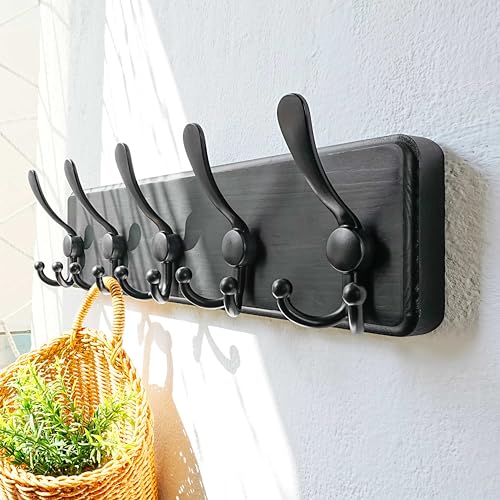 Dseap Coat Rack Wall Mounted - 5 Tri Hooks, Heavy Duty, Wooden Wall Coat Hanger Coat Hook for Clothes Hat Jacket Clothing, Black - color: Black, size: L=17.4"