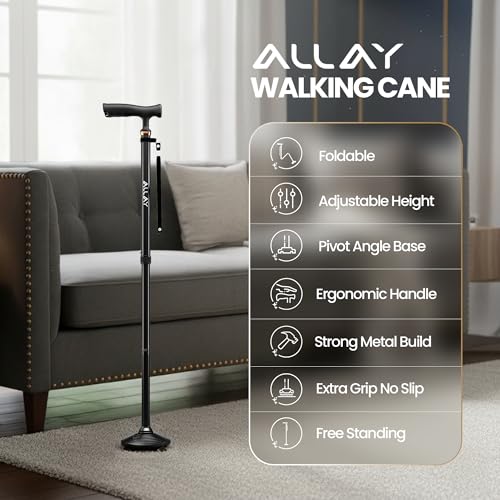 Allay Walking Canes for Men & Women - Adjustable Canes for Women for Stability, Self Standing Wide Quad Pivot Base, Light Weight, Soft Handle Grip and Travel Bag, Walking Sticks for Seniors - color: Black
