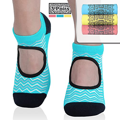 unenow Non Slip Grip Yoga Socks for Women with Cushion for Pilates, Barre, Home - color: Three Pairs Waves-lake Blue/Yellow/Pink