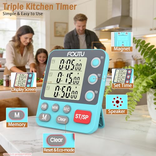 Digital Dual Triple Kitchen Timer, 3 Channels Magnetic Countdown Stopwatch Timer for Cooking, Loud Alarm Large Display Multi Food Memory Timer for Seniors & Teachers Battery Included (Blue) - size: YS318 Blue