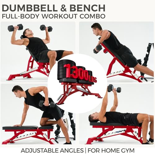 RitFit Rubber Coated Hex Dumbbell Set with Rack, 5-780LB for Home Gym Strength Training, Anti-Slip Knurled Handle, Hexagon Anti-Roll, Heavy-Duty Storage Rack - style: 250 LB Set with Red Adjustable Weight Bench (10-40LB）