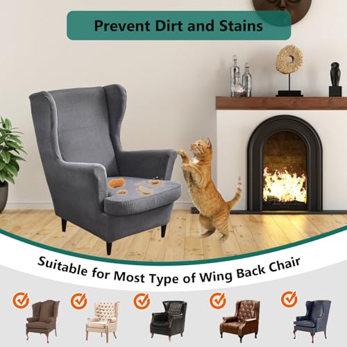 NILUOH Wingback Chair Slipcover 2 Pieces, Stretch Spandex Wingback Chair Covers Washable Slipcover for Wingback Armchairs Non-Slip Furniture Protector with Elastic Bottom for Living Room - color: Dark Gray