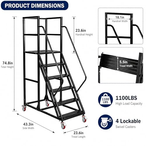 6 Step Rolling Ladder with Handrails, 1100 lbs Capacity Heavy Duty Mobile Warehouse Ladder with Wheels, Industrial Steel Non-Slip Rolling Stairs with Large Platform, for Garage Stockroom Library - color: Black, size: 6 Step