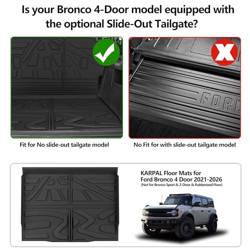 KARPAL Floor Mats for 2021-2025 2026 Ford Bronco 4 Door (Not fit Sport), Custom Fit TPE All Weather Ford Bronco Accessories 1st&2nd Row Floor Liner & Cargo Liner Backrest Mat - style: 2021-2026 | For Ford Bronco 4 Door| Full Set