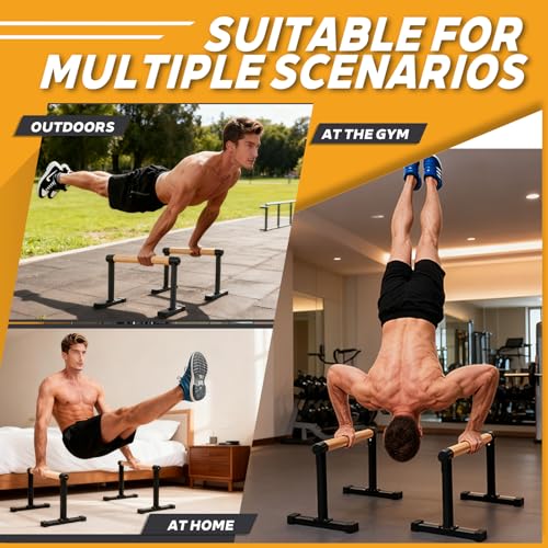 Wooden Parallel Bars 20" Length 12" Height,Dip Bar with Thick Beech Handles, Push-up stands for Handstand, L-Sit, Gymnastics, Strength Training Home Gym,Anti-slip Mats, Easy to Install,700lbs - color: Black