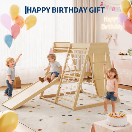 6-in-1 Indoor Playground Jungle Gym Kids Climbing Toys, Wooden Climber Playset with Slide, Climbing Rock, Monkey Bars, Climb Net, Climbing Rock, Rings, Christmas Toys for Kids, Natural