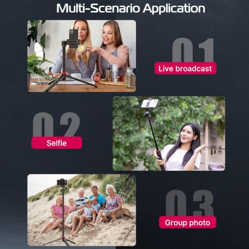 ULANZI MT-44 Auto Open Phone Tripod, 59" Extendable Selfie Stick Vlog Stand with 2 in 1 Phone Clip, 360° Ball Head Camera Tripod for iPhone Sony DJI Osmo Pocket 4 Nano Luna, Lightweight for Travel - color: BLACK