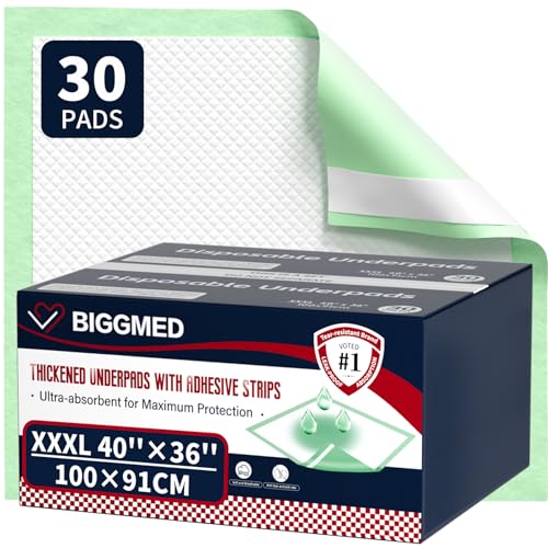 Extra Large Bed Pads with Adhesive Strips 40'' X 36'' Disposable Underpads for Incontinence (30 Pads) Ultra-Absorbent & Leak-Proof Chucks Pads for Adults, Elderly and Kids - size: 40"x36"- 30 Count (with Adhesive Stripes)