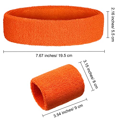Bememo 6 Pcs Neon Sports Sweatbands Set Sports Competitions Sweatbands 2 Headband 4 Wristbands Breathable Terry Cloth Athletic Bands for Team Soccer Spirit 80s Costumes Cosplay - color: Neon Orange