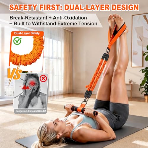 Foot Pedal Resistance Band with Handle, 3-Tube Multifunction Adjustable Yoga Elastic Exercise Bands, Home Workout Equipment for Women & Men to Abdomen, Waist, Arm, Core/ABS, Leg - color: Orange
