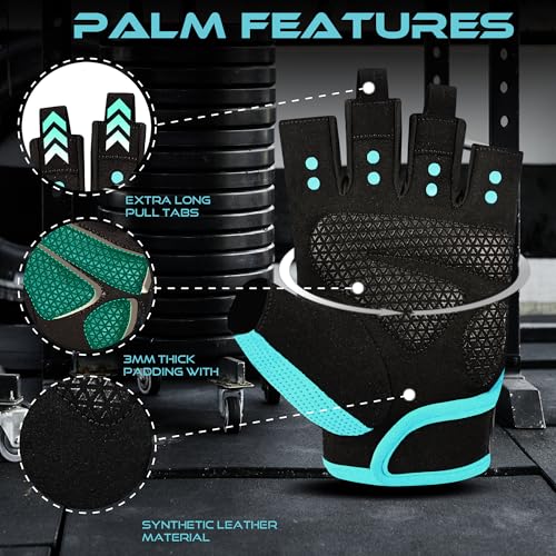 BEAST RAGE Workout Gloves for Men & Women - Fingerless Gym Gloves with Palm Protection, Breathable & Lightweight for Weightlifting, Cycling & Pull Up - color: Cyan, size: Large