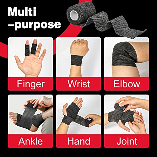 AZEN 16 Pack Self Adhesive Bandage Wrap Black, 2" X 5 Yards Black Athletic Tape, Vet Wrap, Tattoo Grip Tape Wrap，Ankle Tape, Cohesive Bandage Wrap - color: Black, size: 2 Inch