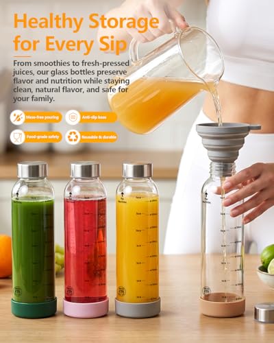Zukro Glass Juice Bottles with Stainless Steel Lids 18 oz, Airtight & Leak Proof, Non-Slip Bottom, Measured Markings, 4-Pack Reusable Clear Jars for Water, Juicing, Smoothie, Protein Shakes, BPA Free - size: 4 pack