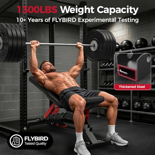 FLYBIRD WB7 Weight Bench, 1300LBS Commercial Adjustable Weight Bench, Workout Bench for Home Gym, Flat Incline Bench Press Heavy Duty Bench with 34'' Extra-Long Backrest and Easy-Roll Wheels - color: Black & Red