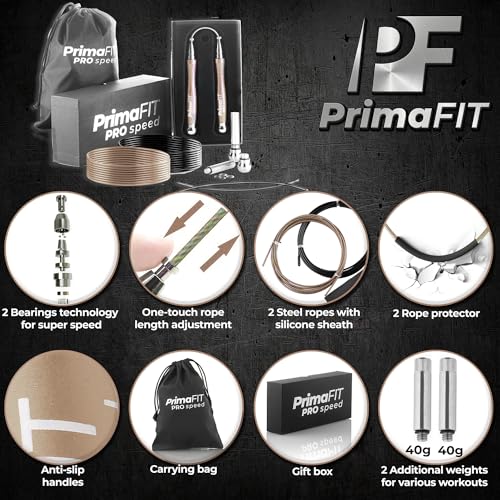 PrimaFIT Pro Speed Jump Rope for Adults, Weighted Skipping Rope for Boxing | Adjustable Jumping Rope for Fitness Workout & CrossFit Exercise, Double Unders, Handle Weights, 3m Cables 2 Protectors, Bag - color: Bronze