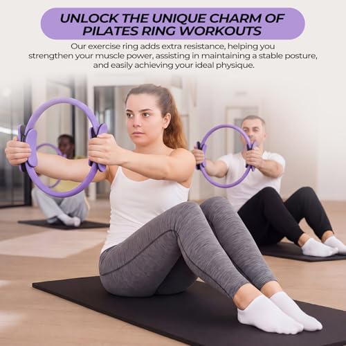 Seenelling 18 Pcs Pilates Ring and Ball Set with Resistance Bands Home Workout Pilates Equipment 11.8 Inch Magic Circle with Padded Handles, Mini Ball for Strength, Toning and Flexibility - color: Purple