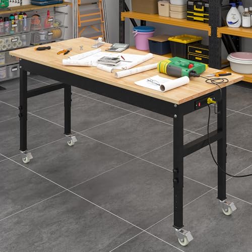 48" Adjustable Work Bench, Rubber Wood Top Workbench | Heavy-Duty work table with Power Outlet,workbenches Wheels, 2000 LBS Load Capacity Hardwood Work Benches for Garage - size: with socket and wheels, 48