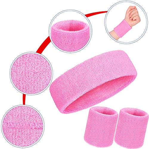 Bememo 6 Pcs Neon Sports Sweatbands Set Sports Competitions Sweatbands 2 Headband 4 Wristbands Breathable Terry Cloth Athletic Bands for Team Soccer Spirit 80s Costumes Cosplay - color: Pink