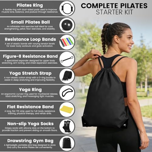 Pilates Kit for Women 13PCS, Pilates Ring Ball Resistance Bands Workout Set | Pilates equipment set for women and beginners, at home pilates kit for mat workouts, toning, stretching and strength training - color: Black