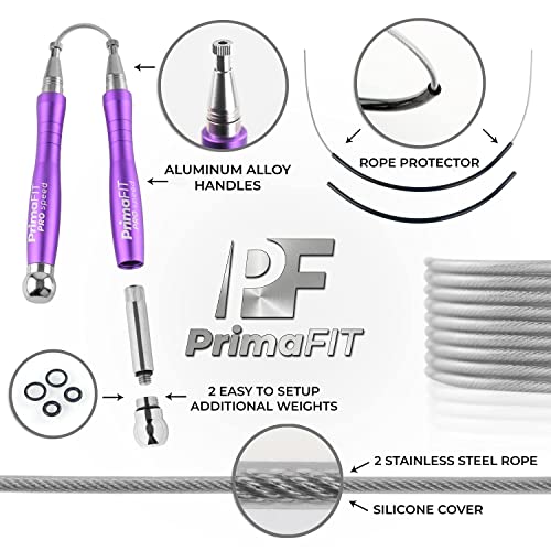 PrimaFIT Pro Speed Jump Rope for Adults, Weighted Skipping Rope for Boxing | Adjustable Jumping Rope for Fitness Workout & CrossFit Exercise, Double Unders, Handle Weights, 3m Cables 2 Protectors, Bag - color: Purple