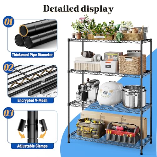 DurayLoly 4- Shelf Metal Shelving Unit Adjustable Storage Shelves Heavy Duty Garage Shelving Steel Wire Shelving for Laundry Bathroom Kitchen Pantry Closet Garage Black, 35.6Wx16Dx54H,2pc - size: Black-35.6"Wx16"Dx54"H（2P）