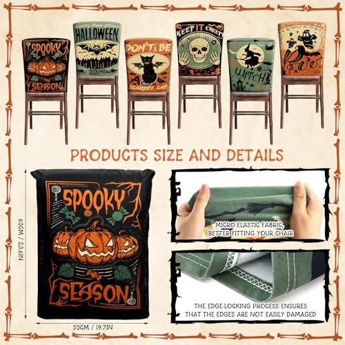 Moukeren 6 Pcs Halloween Chair Cover Set Gothic Halloween Decor Stretch Dining Chair Back Covers Witch Skeleton Pumpkin Black Cat Bat Seat Covers Farmhouse Dining Seat Protector for Home Kitchen Decor - style: Terrifying