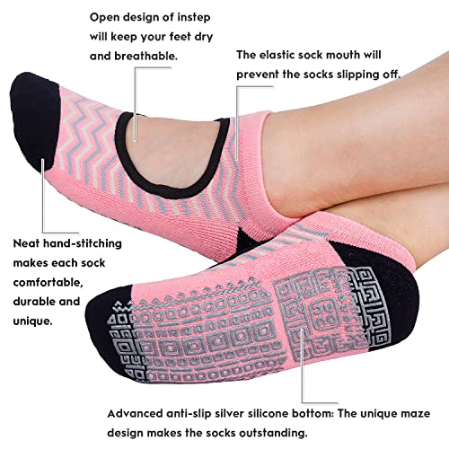 unenow Non Slip Grip Yoga Socks for Women with Cushion for Pilates, Barre, Home - color: Three Pairs Waves-lake Blue/Yellow/Pink