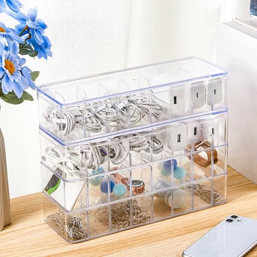 Tatuo 2 Pcs Cord Organizer for Drawer Desktop, Cable Organizer Box with 8 Compartments and Wire Ties, Plastic Charger Storage with Lid, Electronics Case for Home Office Accessories (Small,Clear) - color: Clear