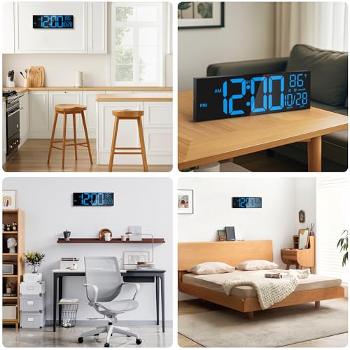 16.5" Digital Wall Clock with Bluetooth Auto-Sync, Large LED Display, Smart Auto Dimming, DST, Remote Control, Night Light, Date & Temperature for Living Room,Black - color: Balck-blue