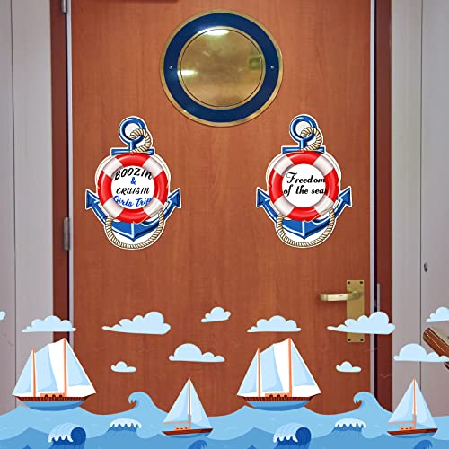 Sherr 2 Pcs Cruise Door Magnets for Cruise Ship Door Decorations with 3 Pcs Paint Pens Anchor Car Magnets Life Buoy Stickers Nautical Ship Fridge Refrigerator Decor for Carnival
