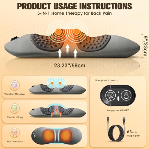 3-in-1 Electric Lumbar Support Pillow,Triple Fusion Back Massager with Heat,Vibration&Traction,Back Support Pillow for Bed and Chair,Lumbar Support Pillow for Lower Back Pain Relief&Spine Support-Gray - color: Gray