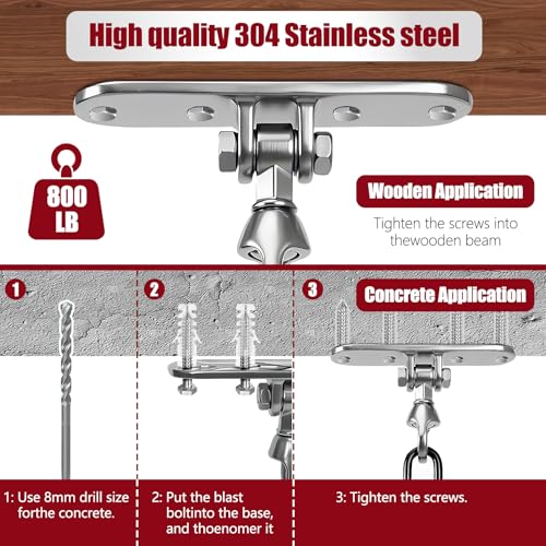 Heavy Bag Hanger,Stainless Wall Ceiling Mount Hook 180°/360° Rotation Wood Beam Holder Body Weight Strength Training Systems, Aerial Yoga Swing & Hammock - size: 4-holes + buckle with 180° + 360° rotation