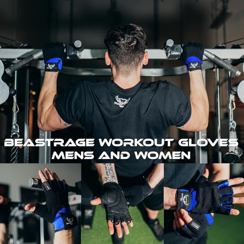 BEAST RAGE Workout Gloves for Men, Durable Palm Grip Gym Gloves Women Half Finger Elasticated Training Weight Lifting Strength Bodybuilding Anti Slip Cycling Gloves Exercise - color: Blue, size: X-Large