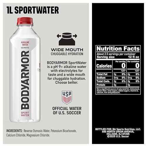 BODYARMOR SportWater Alkaline Water, Superior Hydration, High Alkaline Water pH 9+, Electrolytes, Perfect for your Active Lifestyle, 1 Liter (Pack of 6) - size: 1 Liter (Pack of 6)