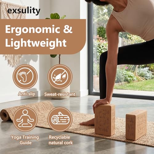 2pcs Cork Blocks, 43 Poses, Non-Slip, Stable Support | Premium Cork, Multifunctional, for Yoga Beginners Meditation Fitness Stretching, Ideal Gift