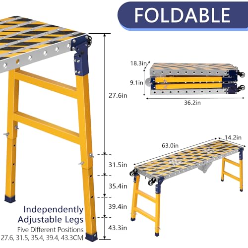 Versatile Portable Steel Work Bench with 4 Wheels 63×14 Inch | Foldable Welding Table with Height Adjustment, Heavy Duty Steel Construction Galvanized Tabletop Workbench with 1102 LBS - size: 63'' × 14.2''