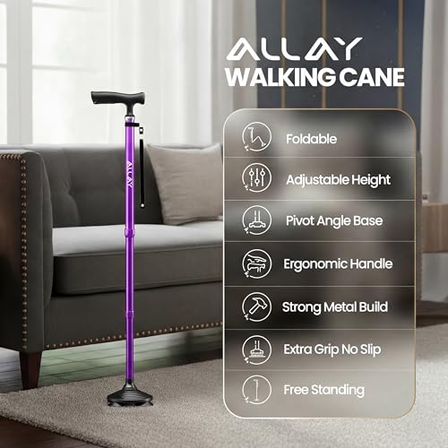 Allay Walking Canes for Men & Women - Adjustable Canes for Women for Stability, Self Standing Wide Quad Pivot Base, Light Weight, Soft Handle Grip and Travel Bag, Walking Sticks for Seniors - color: Purple