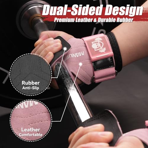 MANUEKLEAR Gym Straps Weight Lifting, Double Leather Lifting Straps for Men Deadlift with Cushion Wrist Loop, Gym Lifting Wrist Wraps for Weightlifting - color: Size S - Pink