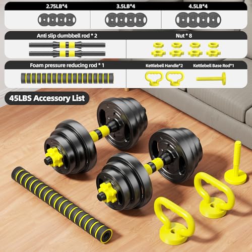 Adjustable Dumbbell Set, 10-90lbs Free Weights with Connector – 4 in 1 Dumbbells, Barbell, Kettlebell & Push Up Stand, Adjustable Weights Set for Home Gym Fitness Equipment for Men & Women - color: Yellow 45lbs (22.5lbs*2)