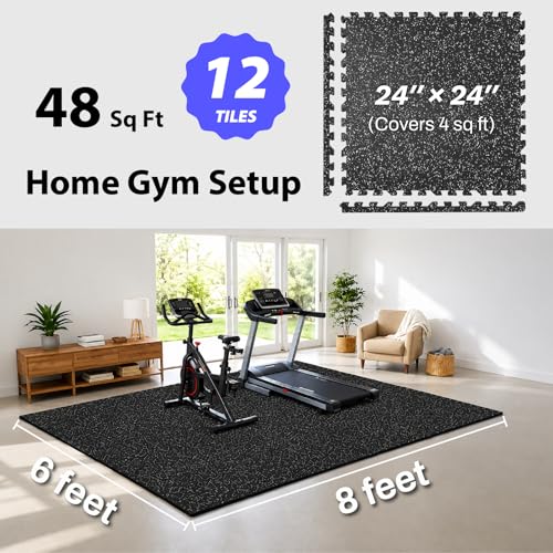 AIRHOP 1'' Ultra-Thick 48 Sq Ft Rubber Top Gym Flooring for Home Gym, 12 Tiles High Density EVA Foam Exercise Mats, Interlocking Puzzle Mats for Home Workout, Floor & Equipment Protection, Black/White - color: Black/White, size: 48 Sq Ft (12 Tiles)