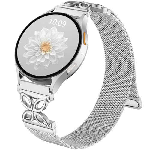 Getino Magnetic Metal Band Compatible with Galaxy Watch 7 Band 6 5 4 FE Active 2 40mm 44mm/Galaxy Watch 5 pro 45mm/Classic, 20mm Floral Dressy Strap for Samsung Watch Bands Women Milanese Mesh Loop - color: Silver
