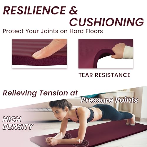 Signature Fitness Extra Thick High-Density Foam Yoga Mat – Multiple Thicknesses (1/2" & 1") / Multiple Colors – Double-Sided Non-Slip Surface – with Carrying Strap for Pilates, Yoga & Home Workouts - color: Burgundy