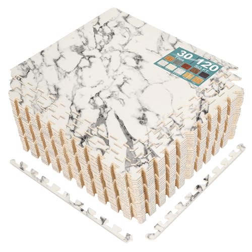 Sorbus 120 Sq. Ft. Wood Grain Floor Tiles Foam Mat EVA Interlocking Mats Tile 3/8-Inch Thick Flooring Wood Puzzle Exercise Mats w/Borders - Home Playroom Basement, Apartment, Trade Show, Baby, Dance - color: White Marble, size: 30 Pack