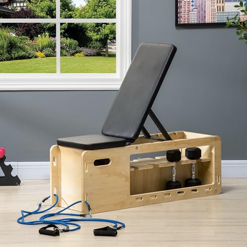 Soozier Adjustable Weight Bench, Workout Bench with Storage Rack Resistance Rope, Incline Bench Weight Lifting Equipment for Home Gym Arms & Chest Strength Training
