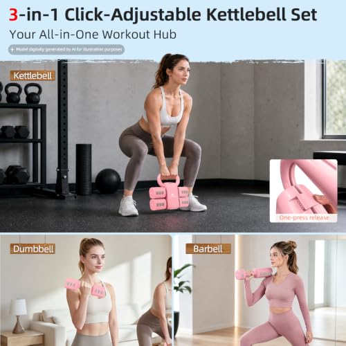Abahub 2 in 1 Kettlebell & Dumbbell Set for Home Gym, Adjustable Weights Dumbbell Set with Kettlebell Grip Converter, Full Body Workout Kettlebell Set of 2 for Men Women - color: Pink