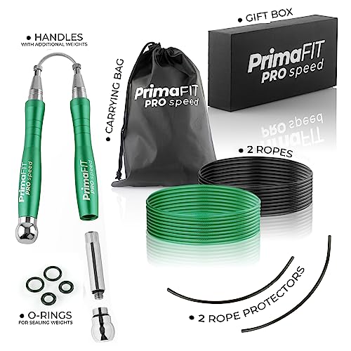 PrimaFIT Pro Speed Jump Rope for Adults, Weighted Skipping Rope for Boxing | Adjustable Jumping Rope for Fitness Workout & CrossFit Exercise, Double Unders, Handle Weights, 3m Cables 2 Protectors, Bag - color: Green